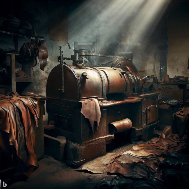 Old-fashioned tannery with metal machinery and pieces of leather all over the place