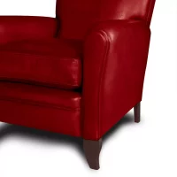Red Fernand leather club chair, zoom on an armrest