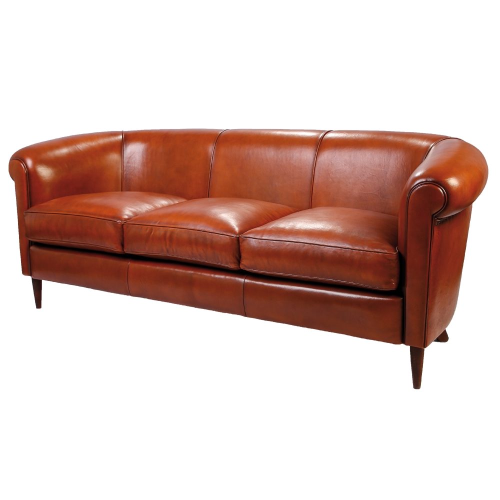 Harry’s 1950 3 seater Club Sofa, rustic leather in 3/4 view