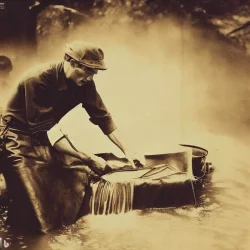 Artisan tanner working a piece of leather in a river